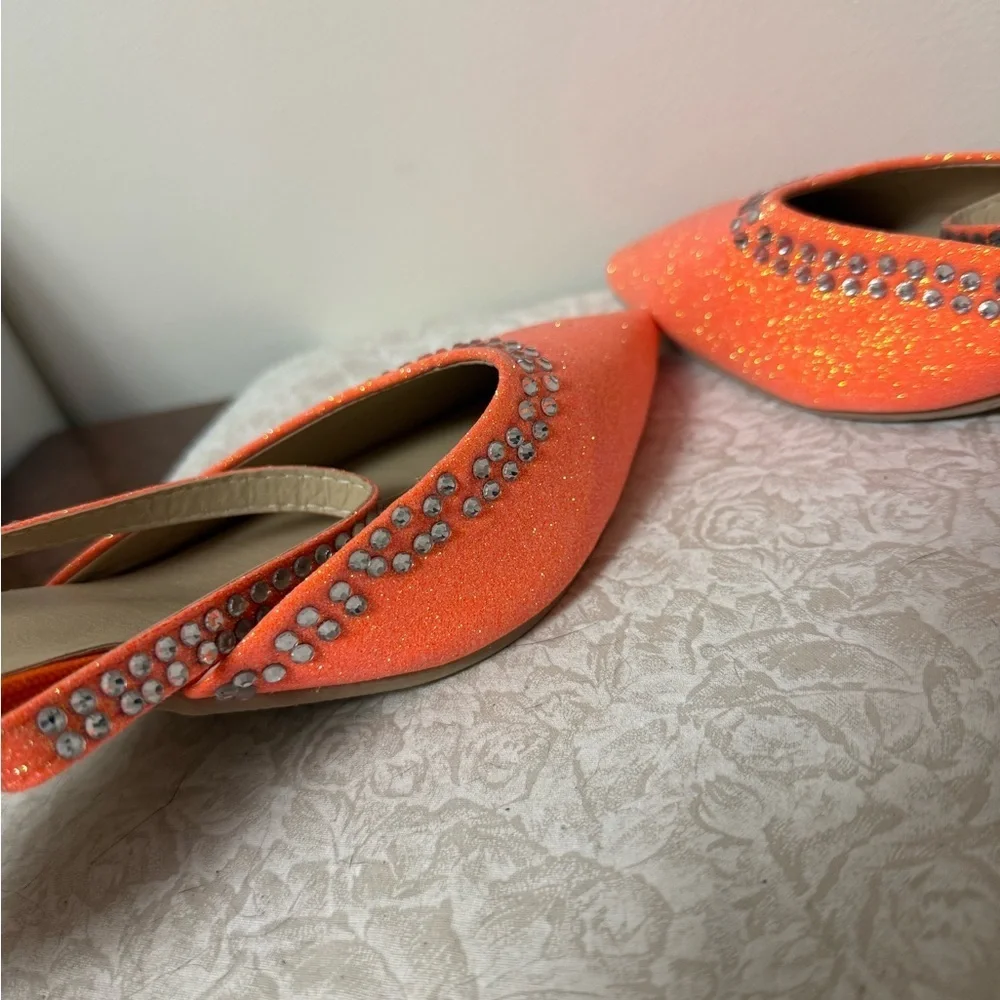 KNOCKOFF AMINA MUADDI Size 9.5 Orange Silver Glitter Mules Pumps Rhinestone Art